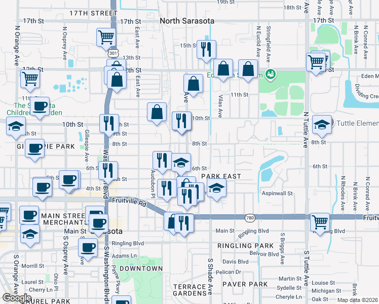 map of restaurants, bars, coffee shops, grocery stores, and more near 650 North Lime Avenue in Sarasota