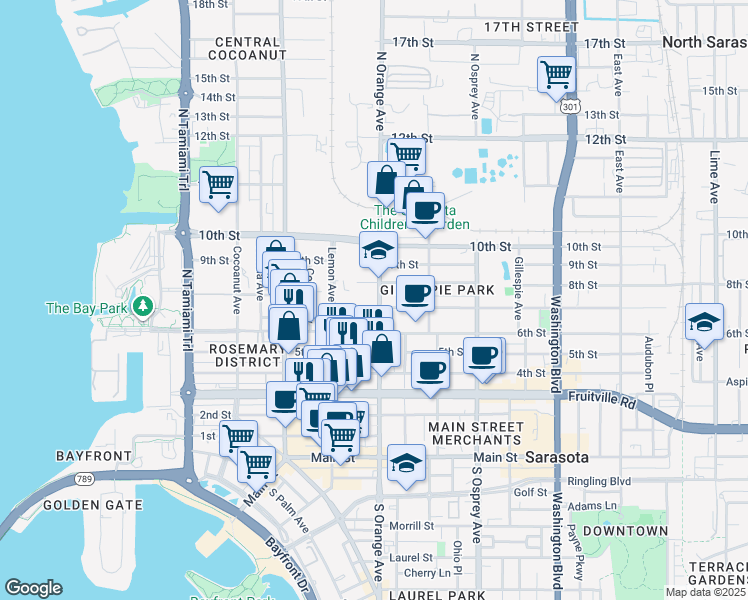 map of restaurants, bars, coffee shops, grocery stores, and more near 1591 7th Street in Sarasota