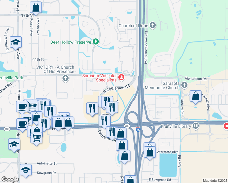 map of restaurants, bars, coffee shops, grocery stores, and more near 401 North Cattlemen Road in Sarasota