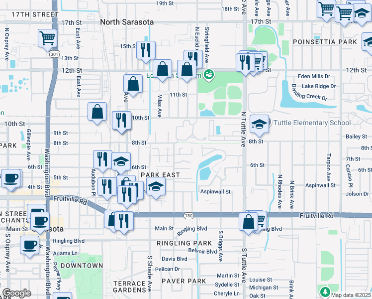 map of restaurants, bars, coffee shops, grocery stores, and more near 758 North Jefferson Avenue in Sarasota