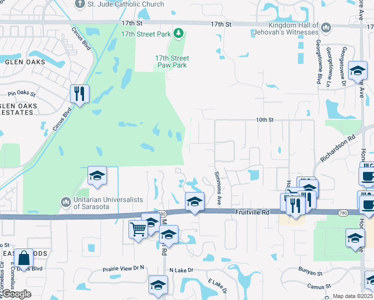 map of restaurants, bars, coffee shops, grocery stores, and more near 4450 8th Street in Sarasota