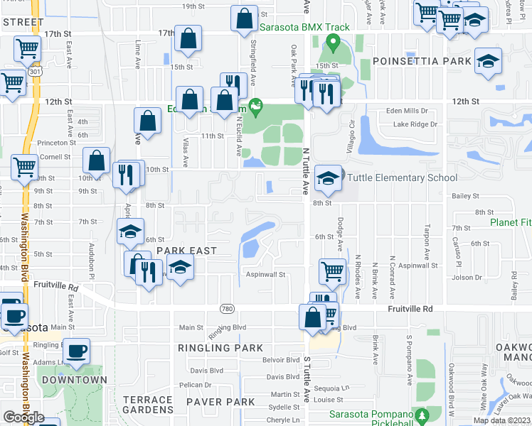 map of restaurants, bars, coffee shops, grocery stores, and more near 2632 Hidden Lake Drive North in Sarasota