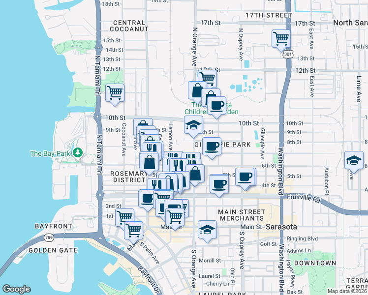 map of restaurants, bars, coffee shops, grocery stores, and more near 1591 7th Street in Sarasota