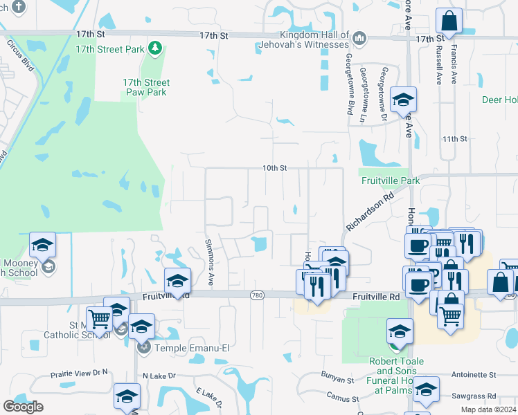 map of restaurants, bars, coffee shops, grocery stores, and more near 514 Oak Hill Circle in Sarasota