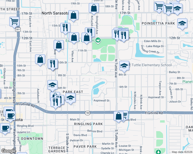 map of restaurants, bars, coffee shops, grocery stores, and more near 2566 10th Street in Sarasota