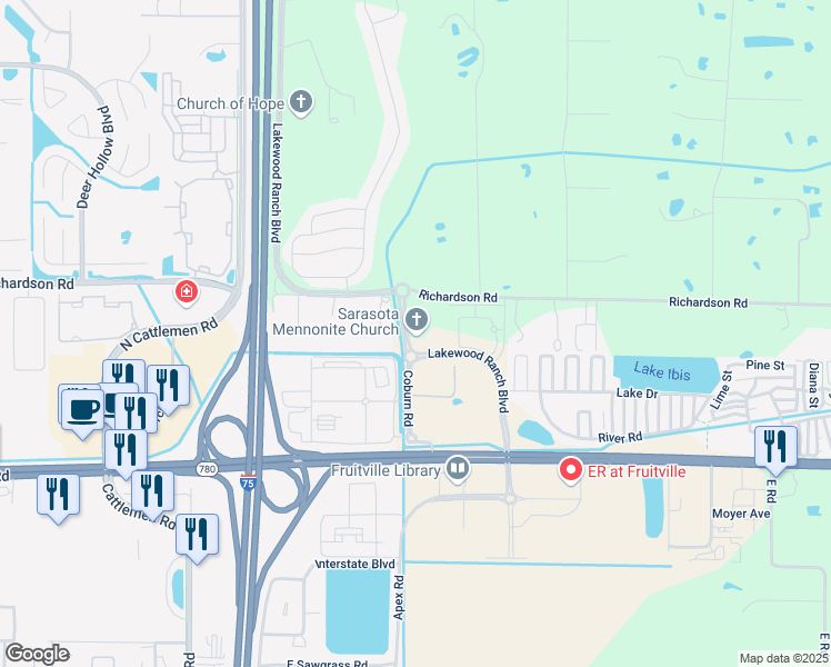 map of restaurants, bars, coffee shops, grocery stores, and more near 6480 Richardson Road in Sarasota