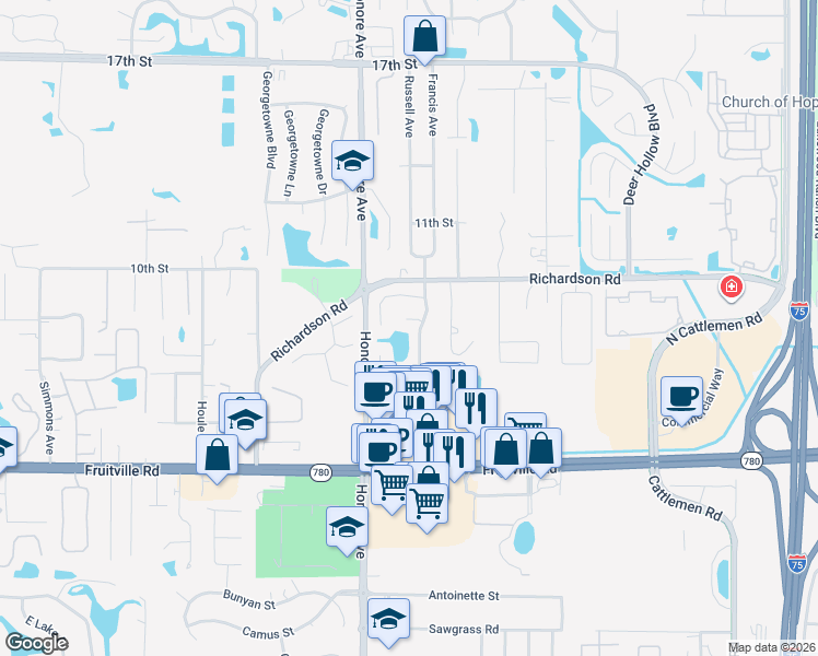 map of restaurants, bars, coffee shops, grocery stores, and more near 5377 Sarapointe Court in Sarasota