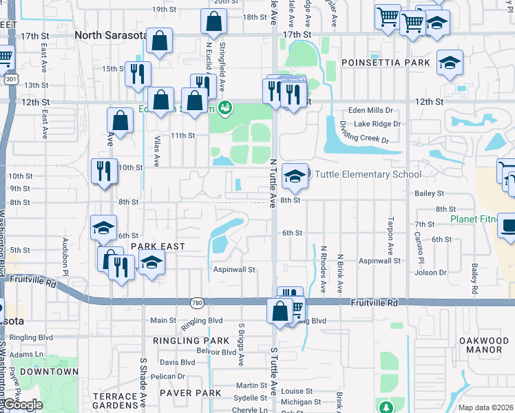 map of restaurants, bars, coffee shops, grocery stores, and more near 2760 Coconut Bay Lane in Sarasota