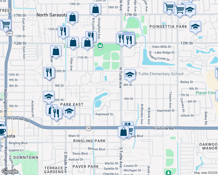 map of restaurants, bars, coffee shops, grocery stores, and more near 2650 Coconut Bay Lane in Sarasota