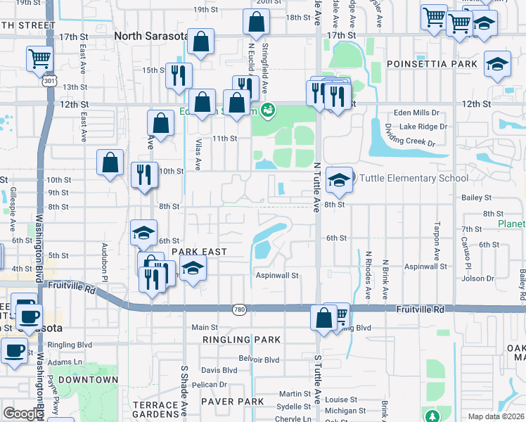 map of restaurants, bars, coffee shops, grocery stores, and more near 2566 10th Street in Sarasota