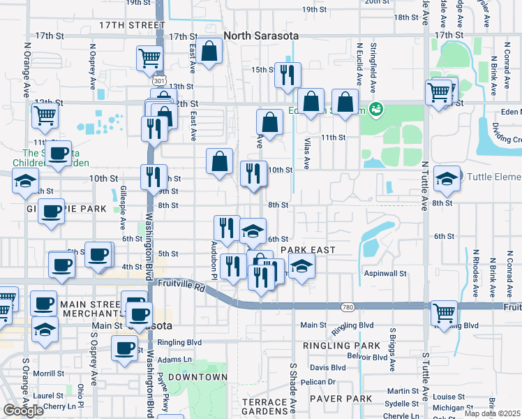 map of restaurants, bars, coffee shops, grocery stores, and more near 900 La Costa Circle in Sarasota