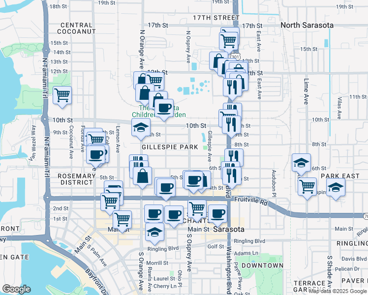 map of restaurants, bars, coffee shops, grocery stores, and more near 817 North Osprey Avenue in Sarasota
