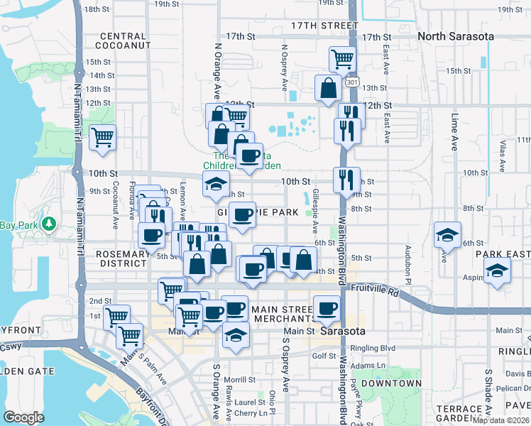 map of restaurants, bars, coffee shops, grocery stores, and more near in Sarasota
