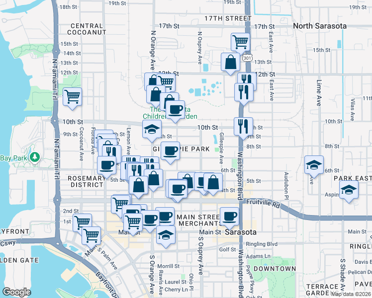 map of restaurants, bars, coffee shops, grocery stores, and more near in Sarasota
