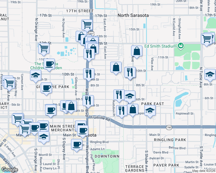 map of restaurants, bars, coffee shops, grocery stores, and more near 825 North East Avenue in Sarasota