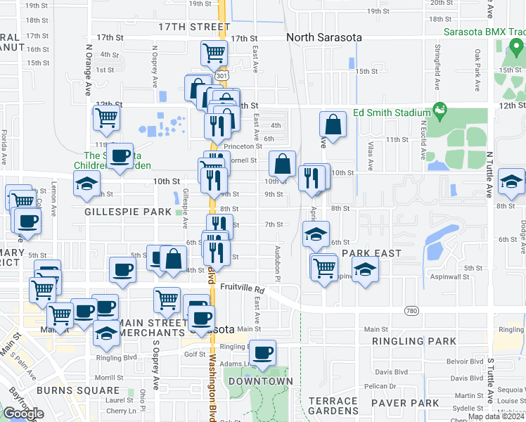 map of restaurants, bars, coffee shops, grocery stores, and more near 2108 8th Street in Sarasota
