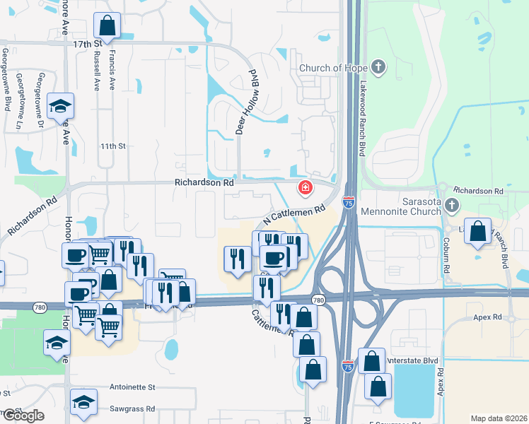 map of restaurants, bars, coffee shops, grocery stores, and more near 420 North Cattlemen Road in Sarasota