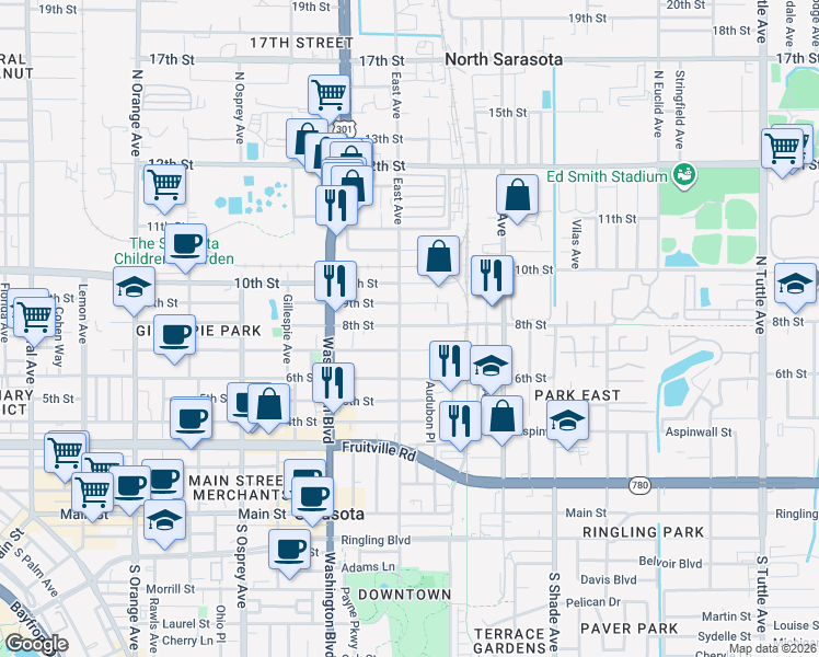 map of restaurants, bars, coffee shops, grocery stores, and more near 825 North East Avenue in Sarasota