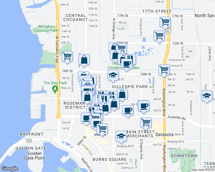 map of restaurants, bars, coffee shops, grocery stores, and more near 801 North Orange Avenue in Sarasota