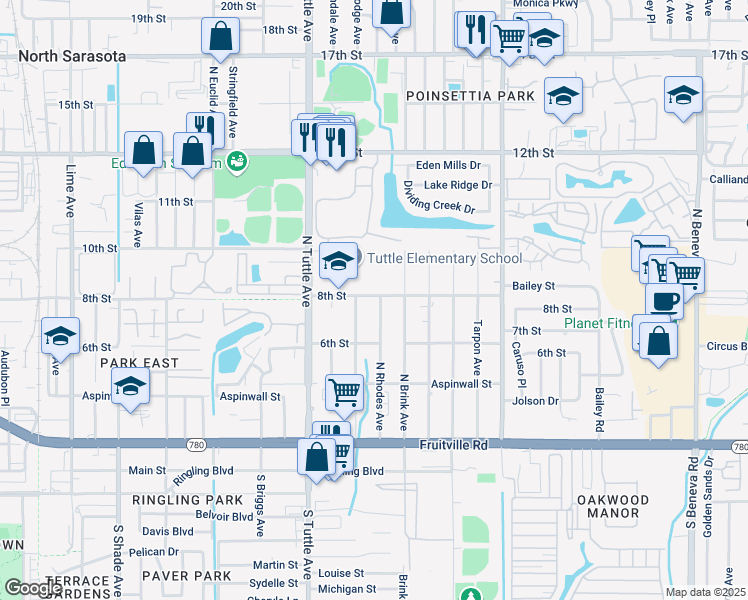 map of restaurants, bars, coffee shops, grocery stores, and more near 925 North Brink Avenue in Sarasota