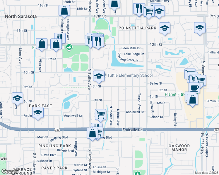 map of restaurants, bars, coffee shops, grocery stores, and more near 925 North Brink Avenue in Sarasota