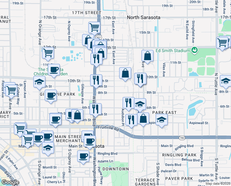 map of restaurants, bars, coffee shops, grocery stores, and more near 825 North East Avenue in Sarasota