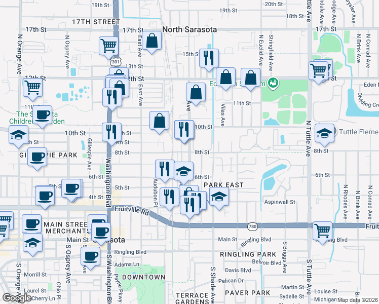 map of restaurants, bars, coffee shops, grocery stores, and more near North Lime Avenue & 8th Street in Sarasota