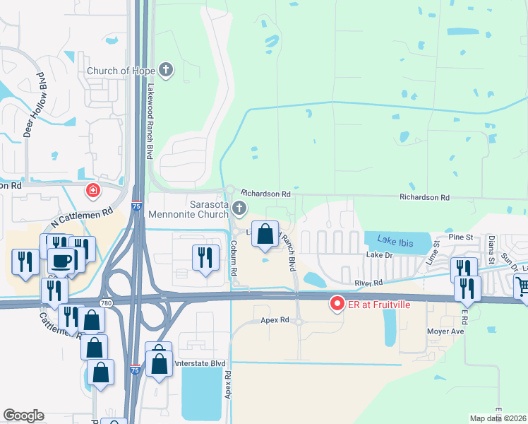map of restaurants, bars, coffee shops, grocery stores, and more near 380 Richardson Way in Sarasota
