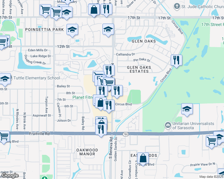 map of restaurants, bars, coffee shops, grocery stores, and more near 935 North Beneva Road in Sarasota