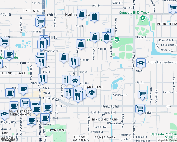 map of restaurants, bars, coffee shops, grocery stores, and more near 954 La Costa Circle in Sarasota
