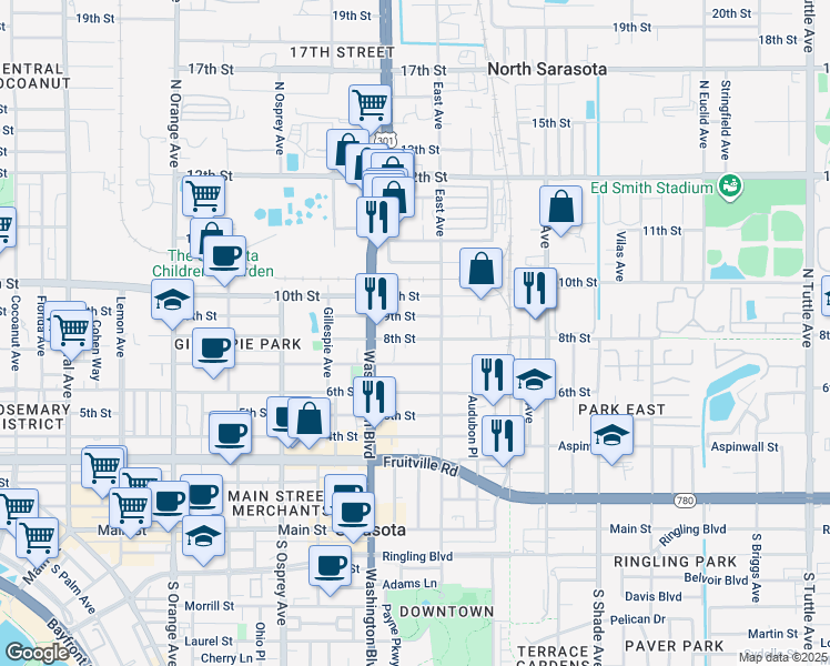 map of restaurants, bars, coffee shops, grocery stores, and more near 2028 9th Street in Sarasota