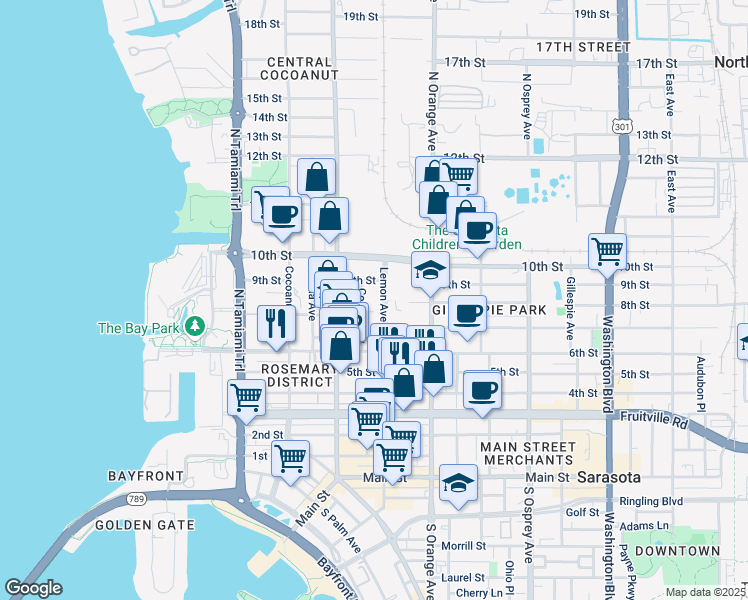 map of restaurants, bars, coffee shops, grocery stores, and more near 800 Lemon Avenue in Sarasota