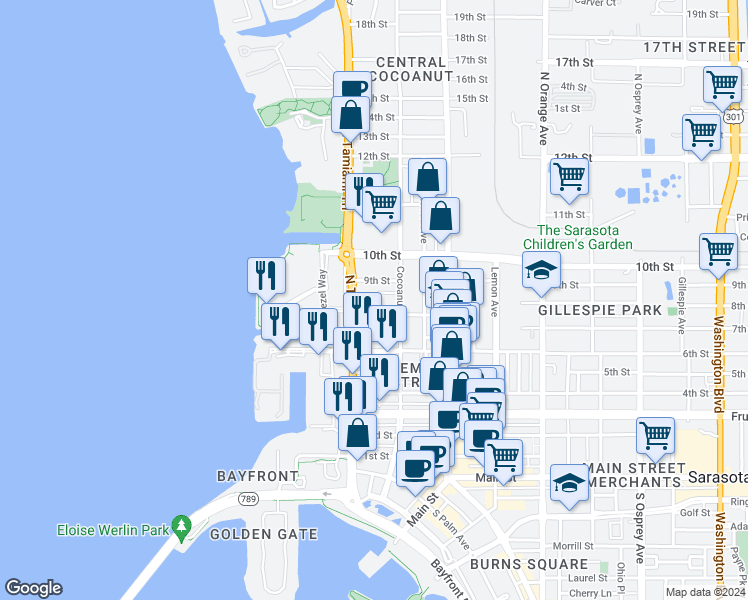 map of restaurants, bars, coffee shops, grocery stores, and more near 838 U.S. 41 in Sarasota