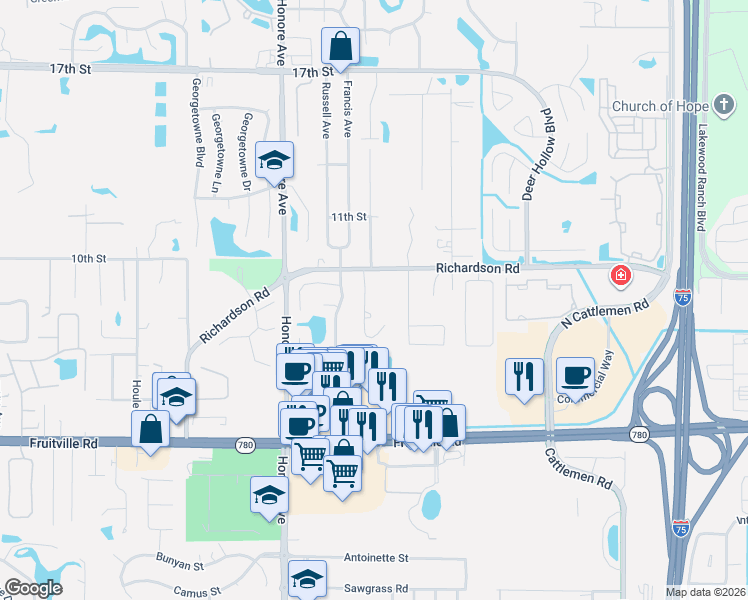 map of restaurants, bars, coffee shops, grocery stores, and more near 5430 Richardson Road in Sarasota