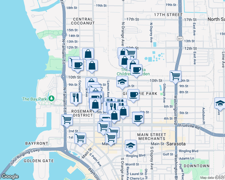map of restaurants, bars, coffee shops, grocery stores, and more near 800 Lemon Avenue in Sarasota