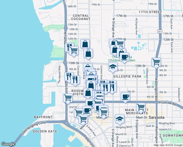 map of restaurants, bars, coffee shops, grocery stores, and more near 800 Central Avenue in Sarasota