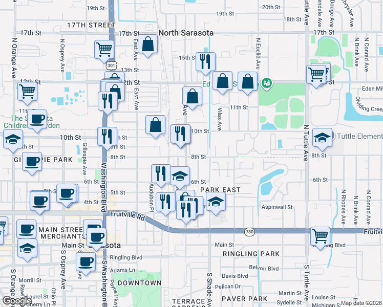 map of restaurants, bars, coffee shops, grocery stores, and more near 900 La Costa Circle in Sarasota
