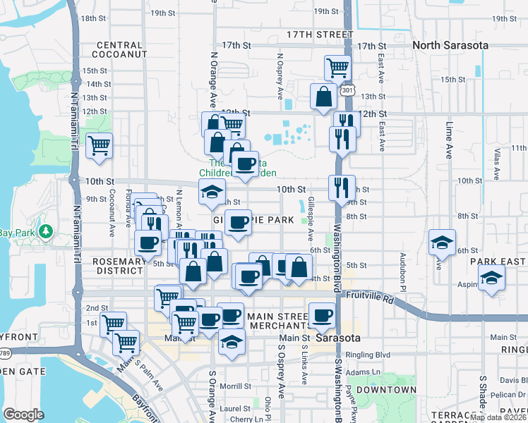 map of restaurants, bars, coffee shops, grocery stores, and more near in Sarasota