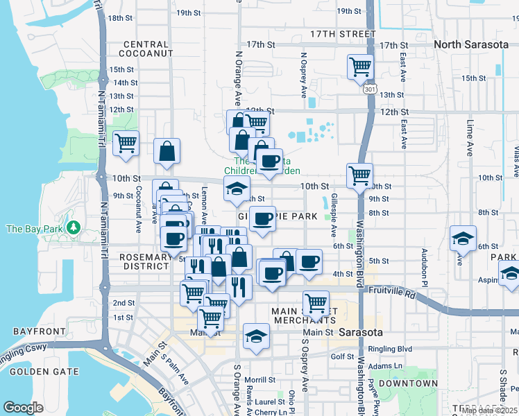 map of restaurants, bars, coffee shops, grocery stores, and more near 1656 9th Street in Sarasota