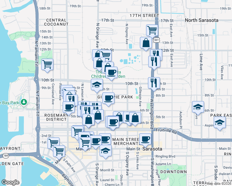 map of restaurants, bars, coffee shops, grocery stores, and more near in Sarasota