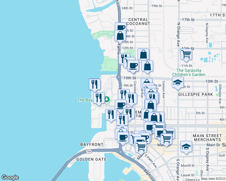 map of restaurants, bars, coffee shops, grocery stores, and more near 801 North Tamiami Trail in Sarasota