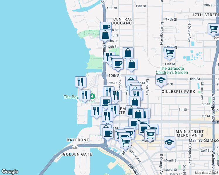 map of restaurants, bars, coffee shops, grocery stores, and more near 838 U.S. 41 in Sarasota