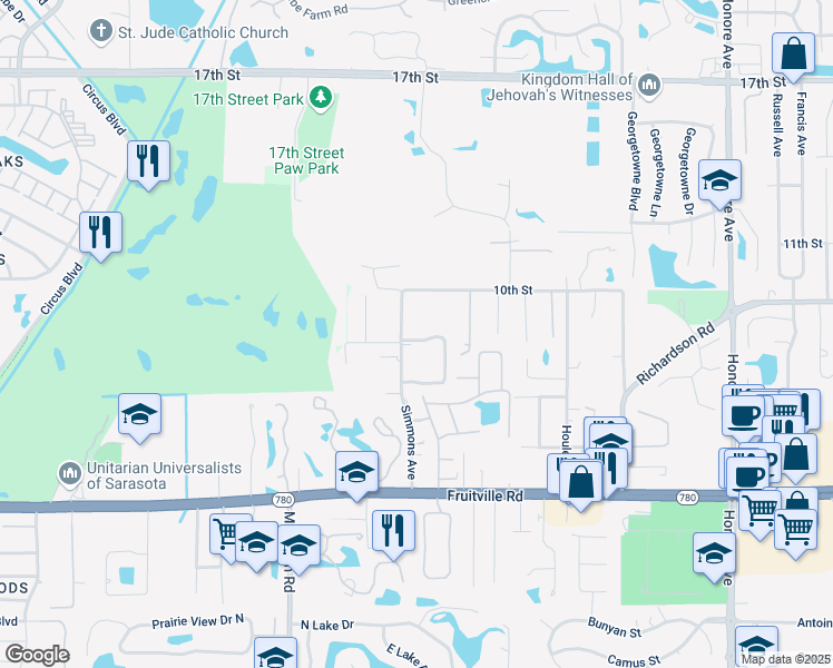 map of restaurants, bars, coffee shops, grocery stores, and more near 4764 Breezy Pines Boulevard in Sarasota