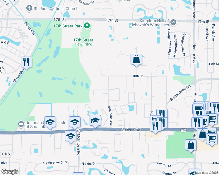 map of restaurants, bars, coffee shops, grocery stores, and more near 4764 Breezy Pines Boulevard in Sarasota