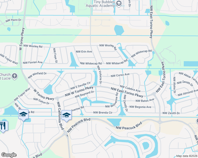 map of restaurants, bars, coffee shops, grocery stores, and more near 5884 Northwest Corso Avenue in Port St. Lucie