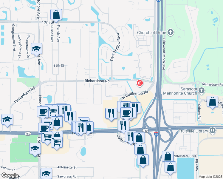 map of restaurants, bars, coffee shops, grocery stores, and more near 340 North Cattlemen Road in Sarasota