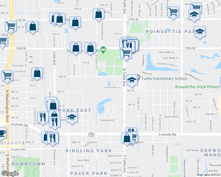 map of restaurants, bars, coffee shops, grocery stores, and more near 2650 Coconut Bay Lane in Sarasota