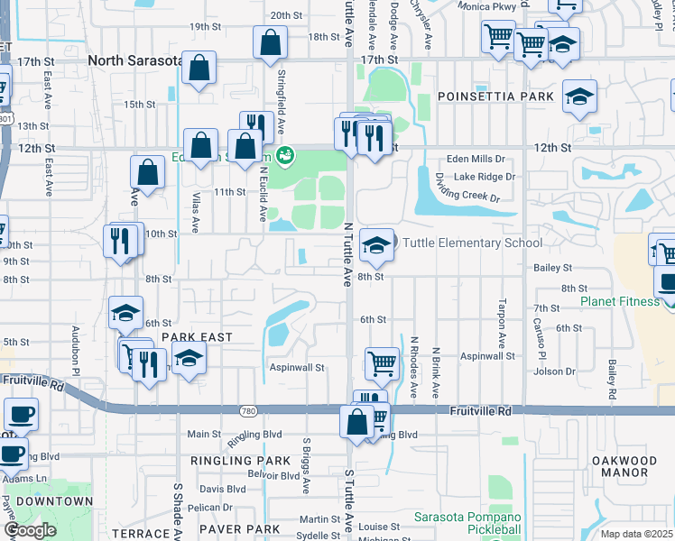map of restaurants, bars, coffee shops, grocery stores, and more near 2760 Coconut Bay Lane in Sarasota