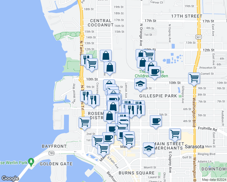 map of restaurants, bars, coffee shops, grocery stores, and more near 830 Central Avenue in Sarasota
