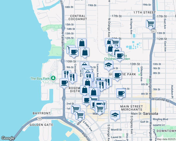 map of restaurants, bars, coffee shops, grocery stores, and more near 1428 9th Street in Sarasota